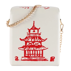 Detail of white PU crossbody bag with red pagoda print and gold chain strap