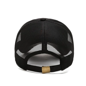 Classic black mesh baseball cap with adjustable strap and vintage brass buckle for sun protection