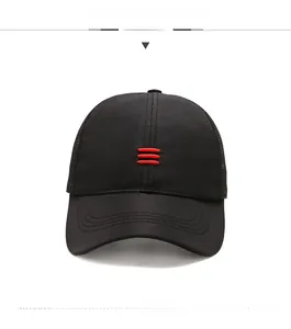 Detail of breathable mesh splicing and red stripe embroidery on a black baseball cap