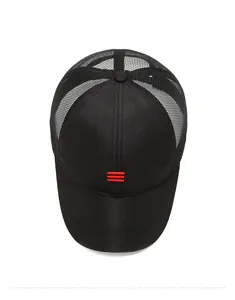 Detail of black breathable mesh trucker cap with three red embroidered stripes on front