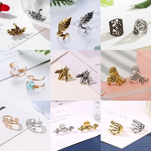 Retro non-piercing leaf and star ear cuff set in gold and antique silver finish