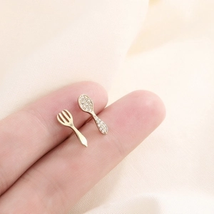 Asymmetrical Stud Earrings Gold Plated Copper Fork And Spoon With Cubic Zirconia 925 Sterling Silver Earring Post For Women