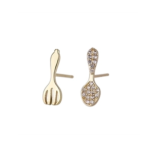 Creative 925 silver asymmetric earrings featuring a golden spoon and fork with zircons