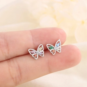 Butterfly Stud Earrings With Colorful Zircon Inlaid Copper Base And 925 Sterling Silver Earring Post Dainty Jewelry