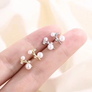 Branch Artificial Pearl Ear Studs Copper Zircon Earrings Elegant Simple Nature Design For Women Fashion Jewelry