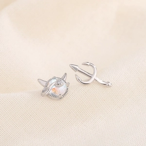 S925 silver devil moonstone stud earrings featuring crystal horns and a trident motif