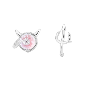 925 silver asymmetric devil stud earrings with pink gemstone and pitchfork design