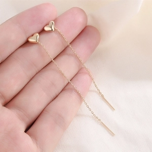 Heart Threader Earrings Copper Long Chain Tassel Dangle Elegant Minimalist Jewelry For Women Shiny Finish