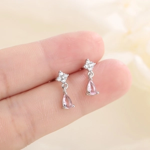 S925 sterling silver drop earrings featuring pink pear-cut stone and sparkling crystals