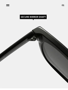 Detailed macro view of secure mirror shaft and hinge on trendy black square sunglasses