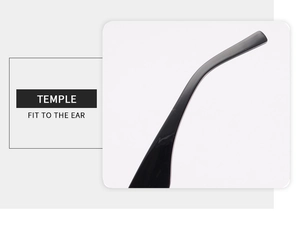 Detailed macro view of black sunglasses temple with fit-to-ear ergonomic design