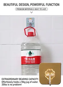 Detailansicht eines starken Klebehakens, der eine 10kg Wasserflasche an Fliesen hält