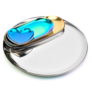 Nordic stainless steel tray set including gold oval, silver round, and rainbow heart shapes