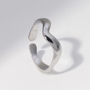 Minimalist silver wave stainless steel open ring with an adjustable wavy design for women