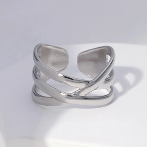 Minimalist silver-colored triple-layer X-shaped adjustable open stainless steel ring