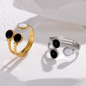 French vintage adjustable enamel rings in gold and silver finish with beaded edges