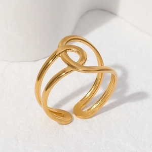 Minimalist gold plated stainless steel open ring featuring a geometric interlaced design