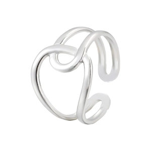 Macro detail of silver intertwined knot design on a minimalist stainless steel open ring