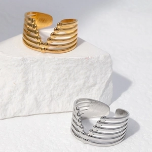 Minimalist multi-layer stainless steel open ring with bead accents in gold and silver