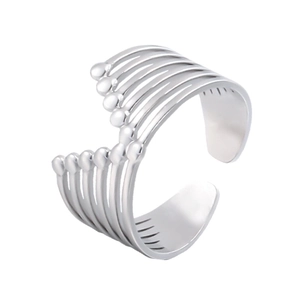 Detail view of silver layered wave lines and geometric open ring design on white background