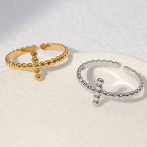 Stainless Steel Cross Open Ring For Women Beaded Adjustable Minimalist Niche Design Finger Jewelry