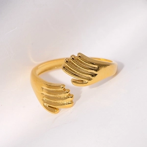 Polished gold adjustable hugging hands ring in stainless steel for women and men