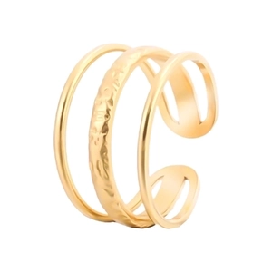 Macro detail of gold triple-layered hammer textured finish on adjustable steel ring