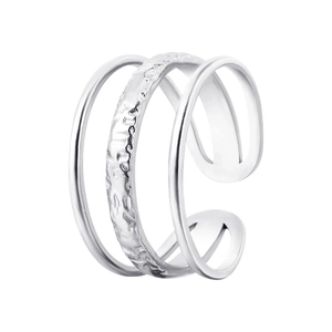Minimalist silver triple-layer open ring featuring smooth and hammered metal textures