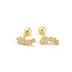 Elegant gold S925 sterling silver screw back earrings with curved sparkling zircon stones