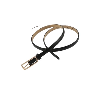 Classic black skinny leather belt with vintage gold rectangular buckle for women's dresses