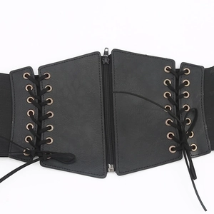 Vintage black wide corset belt with elastic band, metal zipper and lace-up buckle details