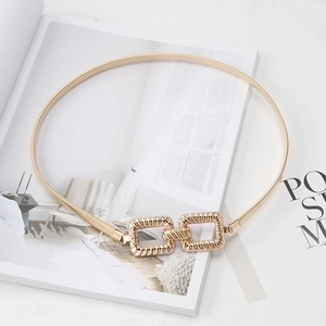 Elastic gold metal waist chain belt with vintage double rectangular buckle for dresses
