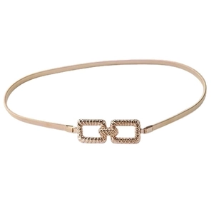 Elastic gold metal spring waist belt for women with textured double square buckles