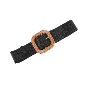 Bohemian style black woven belt for women with vintage square wood-like buckle