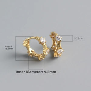 Detail view of S925 sterling silver huggie earrings with dimensions 12.8mm height