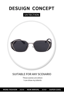 Detailed view of dark lenses and unique K-shaped metal hinge on geometric sunglasses