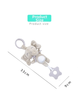 Detail of plush elephant baby toy with textured star teether and spiral hanging hook