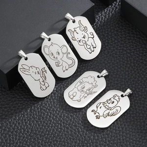 Stainless steel military tag pendants with minimalist zodiac animal engravings on black leather