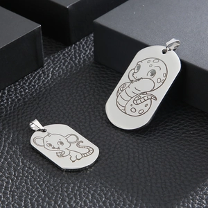 Polished stainless steel dog tag pendants with engraved snake and rat zodiac patterns