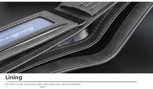 Detail der grauen Lederbrieftasche mit vielen Kartenfächern und Ausweisfenster