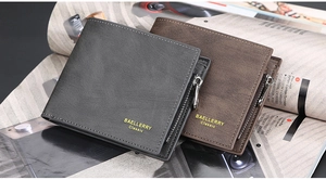 Macro view of short bifold wallets with zipper pockets in grey and brown textured leather