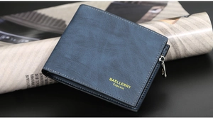 Kurze, dunkelblaue Herren-Lederbrieftasche mit Reißverschlussfach und geprägtem Logo