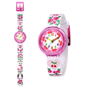 Close-up of pink children watch with rose and cherry patterns on white plastic strap