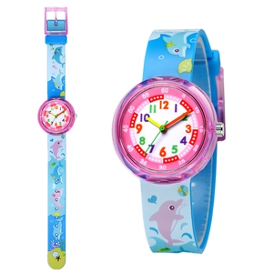 Detail of blue ocean-themed strap and pink translucent case on kids' quartz watch
