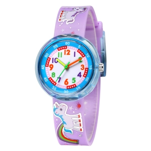 Detail of lavender unicorn watch strap and clear educational dial for kids