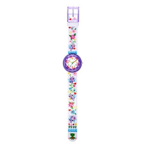 Detailed view of kids' purple watch with colorful cartoon bee and floral pattern straps