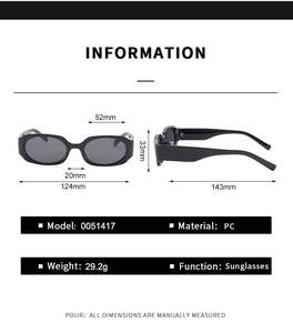 Detailed size information and dimensions of the retro polygonal narrow frame sunglasses