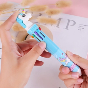 Creative 10-color unicorn ballpoint pen with blue barrel for students and journaling