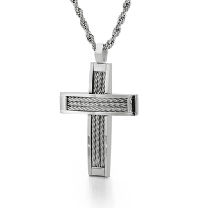 Hip hop stainless steel cross pendant necklace with silver cable texture on white background