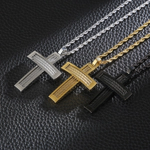 Men's hip hop cross necklaces in silver, gold, and black with steel wire texture